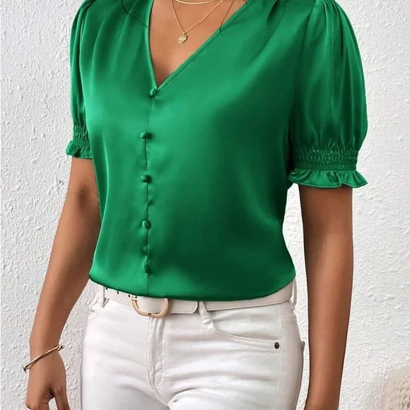 Elegant Green Women's Satin Puff Sleeve Front button Top - Picture 4 of 7